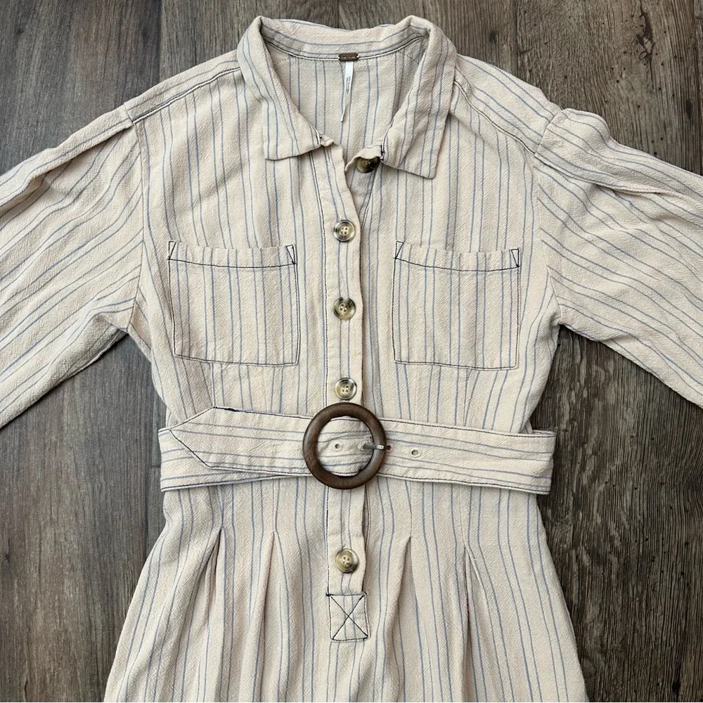 Free People Stripe Rayon Midi Shirtdress Women’s Size XS Cream Blue